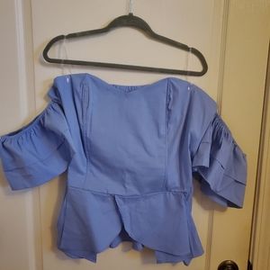 Pretty blue plus 24W corseted style bust stitching off shoulder top w/peplum hem